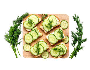 Cucumber Sandwiches with Dill on Wooden Board – Top View

