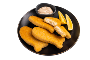 Crispy fried cod Fish sticks on plate isolated on white background. top view