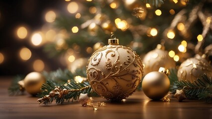 A close-up view of a decorated Christmas tree branch featuring golden ornaments