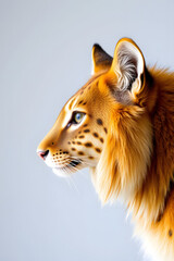Elegant side profile of a hybrid lion with leopard-like features against a light background
