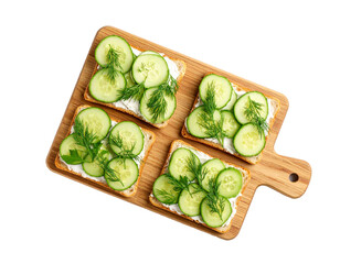 Cucumber Sandwiches with Dill on Wooden Board – Top View

