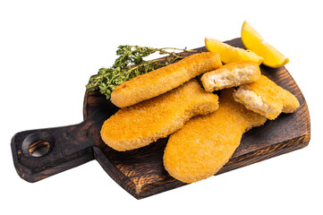 Deep fried Fish fingers on wooden board isolated on white background. top view