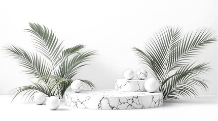 Marble product display podium with palm leaves for beauty and cosmetic product presentation mockup stage 3d render