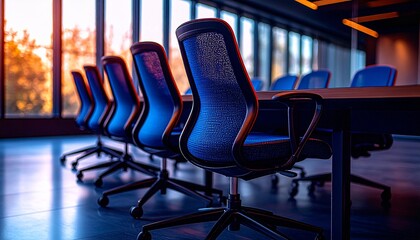 Modern Conference Room Interior Design Blue Mesh Chairs and Large Windows