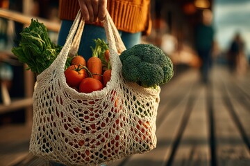 A person, Julia, holding a reusable bag filled with a variety of fresh vegetables and fruits while shopping sustainably for her family.