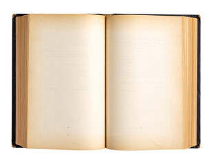 Open Vintage Hardcover Book Showing Aged Yellowed Pages with Text, Top-Down View, isolated on transparent background