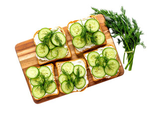 Cucumber Sandwiches with Dill on Wooden Board – Top View

