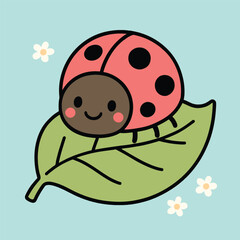 Obraz premium Cute Cartoon Ladybug on Green Leaf - Adorable Insect Vector Illustration for Kids, Nature & Spring Designs
