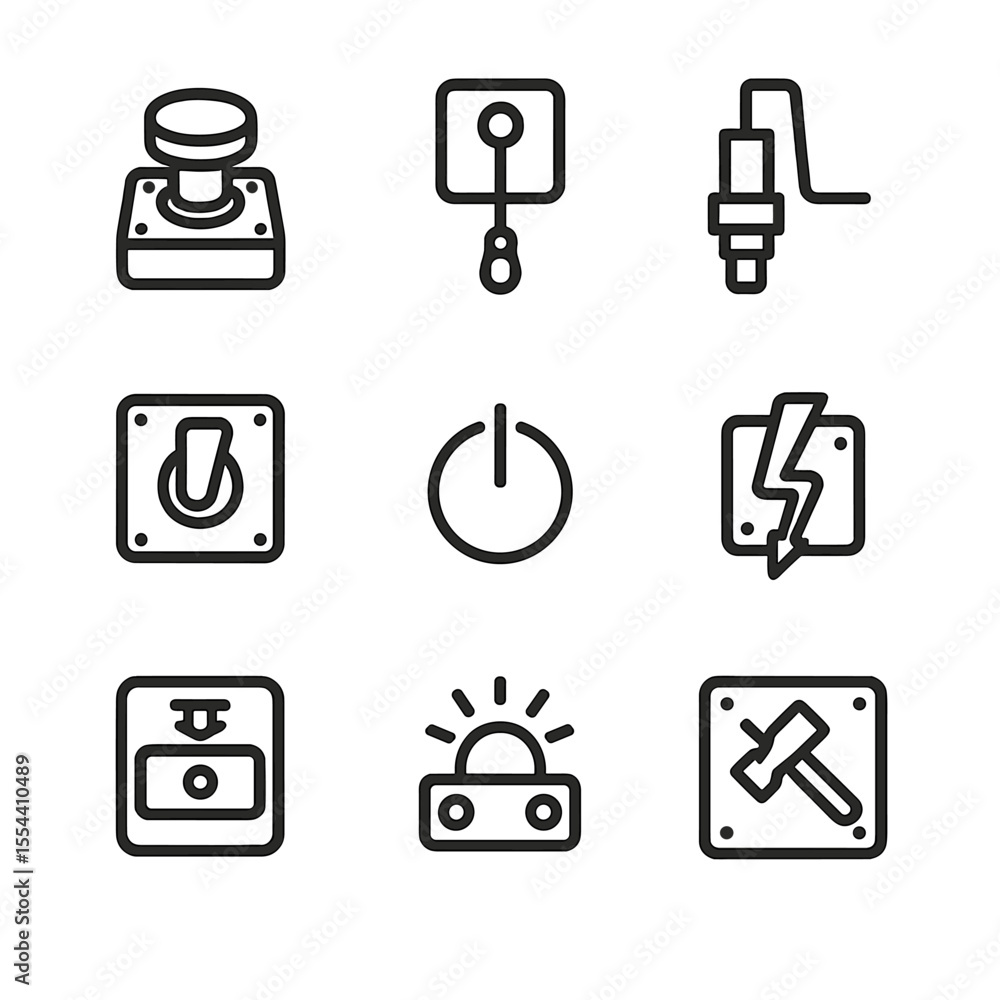Aufkleber emergency device icons. outline icon set of emergency shutoff devices: emergency stop button, pull c