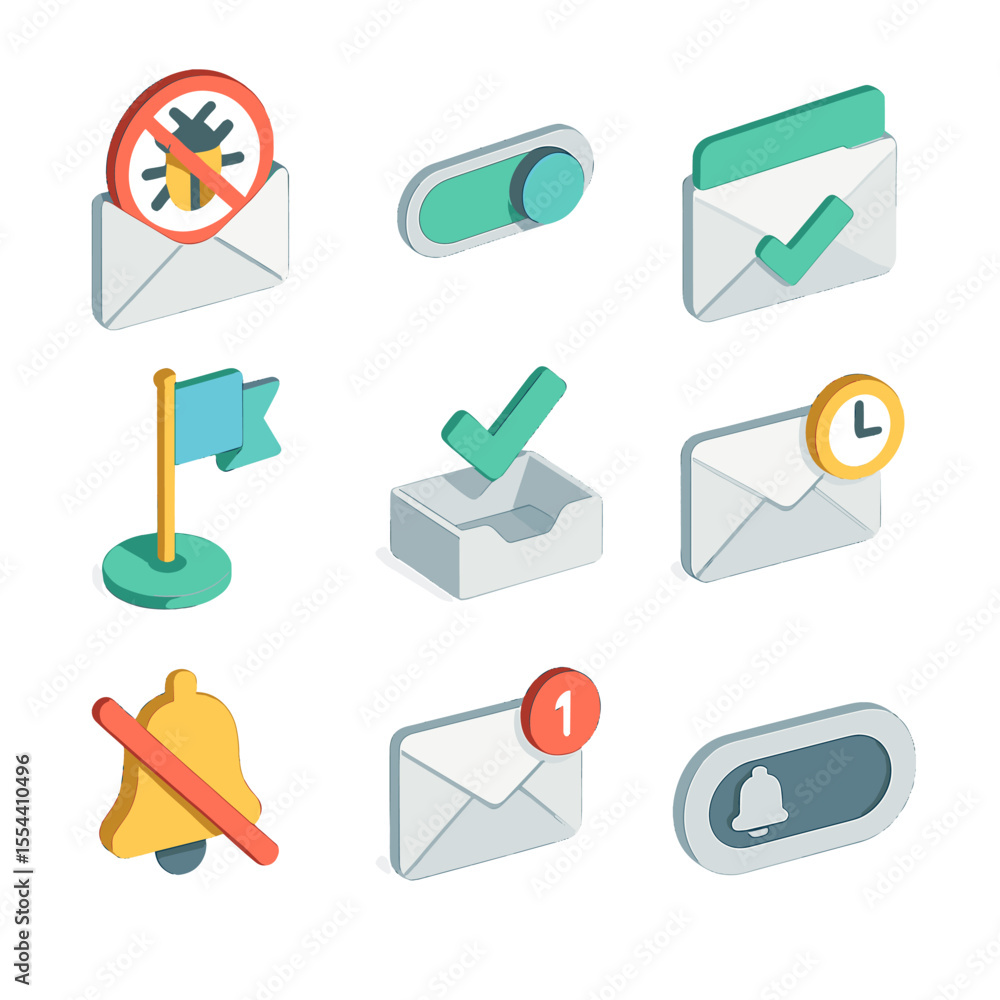 Poster email icons grid. isometric flat icon set of email and notification limits: spam filter, notificatio