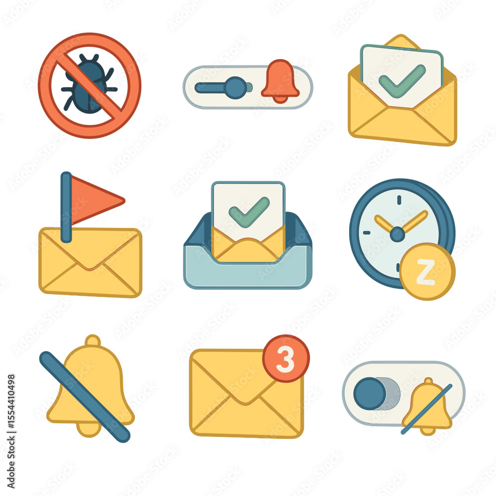 Poster email icons grid. isometric flat icon set of email and notification limits: spam filter, notificatio