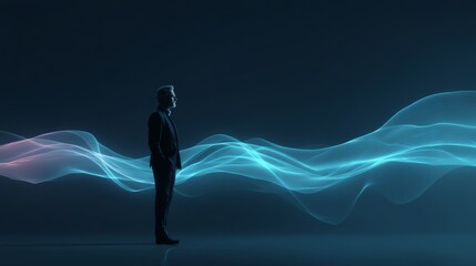 In a business setting, a confident individual wearing a suit stands out against a dark backdrop, accentuated by dynamic blue light streaks that underscore his professional and authoritative demeanor