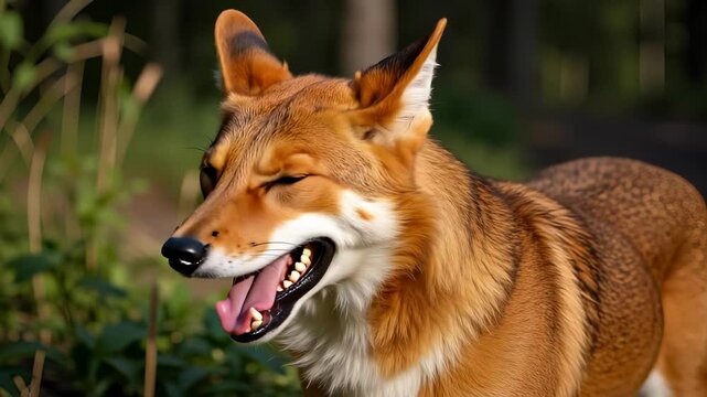 Witness the intense gaze of an adult Dhole, also known as the Asiatic wild dog, its reddish fur and amber eyes captivating in its natural forest habitat.