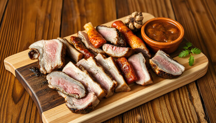 Deliciously grilled meat platter served on a wooden cutting board with dipping sauce