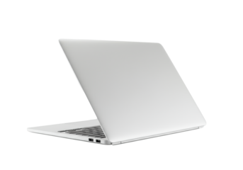 A sleek, modern silver or white laptop from rear at slight angle, open screen away, keyboard visible, on transparent surface, transparent background, isolated, no shadows. Concept for professional