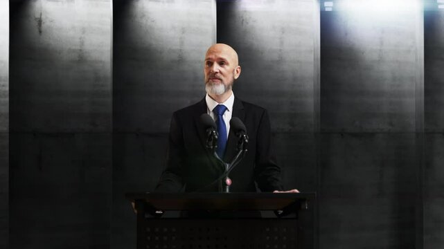 A head of dystopian government gives a happy propaganda speech at the podium