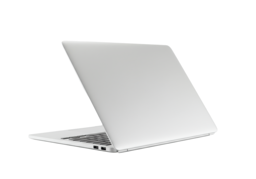 A sleek, modern silver or white laptop from rear at slight angle, open screen away, keyboard visible, on transparent surface, transparent background, isolated, no shadows. Concept for professional - Powered by Adobe
