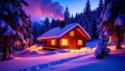 Enchanted Winter Cabin in Snowy Forest Magical Night Scene