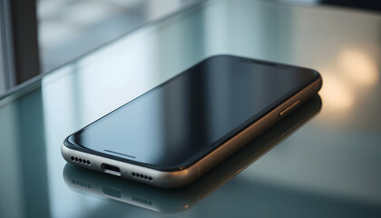 Modern smartphone lying on a glass table with a sleek design and minimalistic style