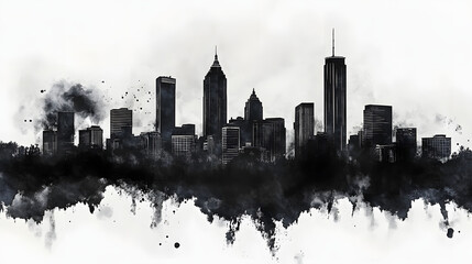 Black watercolor painting of Atlanta city skyline. Atlanta city skyline background on white background.