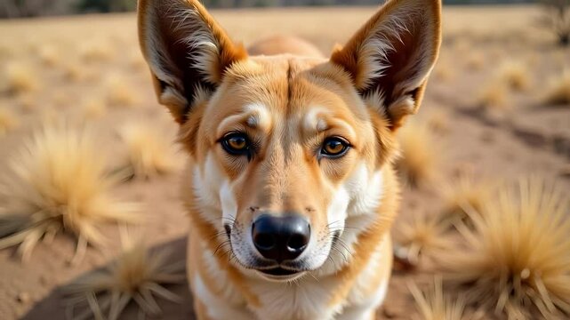 A striking close-up captures an adult dingo's face, showcasing its sandy fur, pointed muzzle, alert amber eyes, and the dry grassland backdrop in soft daylight.