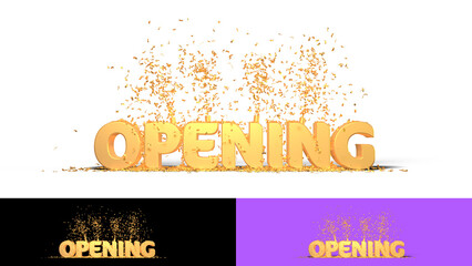 OPENING text illustration with confetti - 3D rendering on transparent background