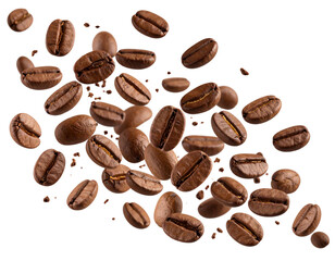 Scattered  Coffee Beans Floating Randomly with Depth Effect, isolated on transparent background