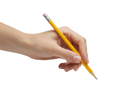 A bare human hand with light skin tone gently grips a bright yellow wooden pencil, poised to write, isolated against a seamless transparent background in a sterile studio shot, ultra-photorealistic