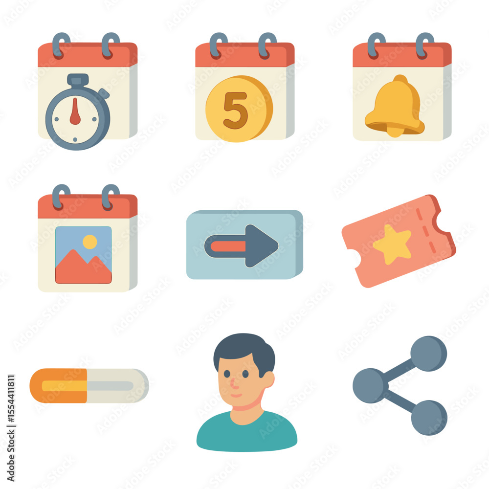 Poster event countdown icons. isometric flat icon set of event countdown calendars: countdown timer, days r