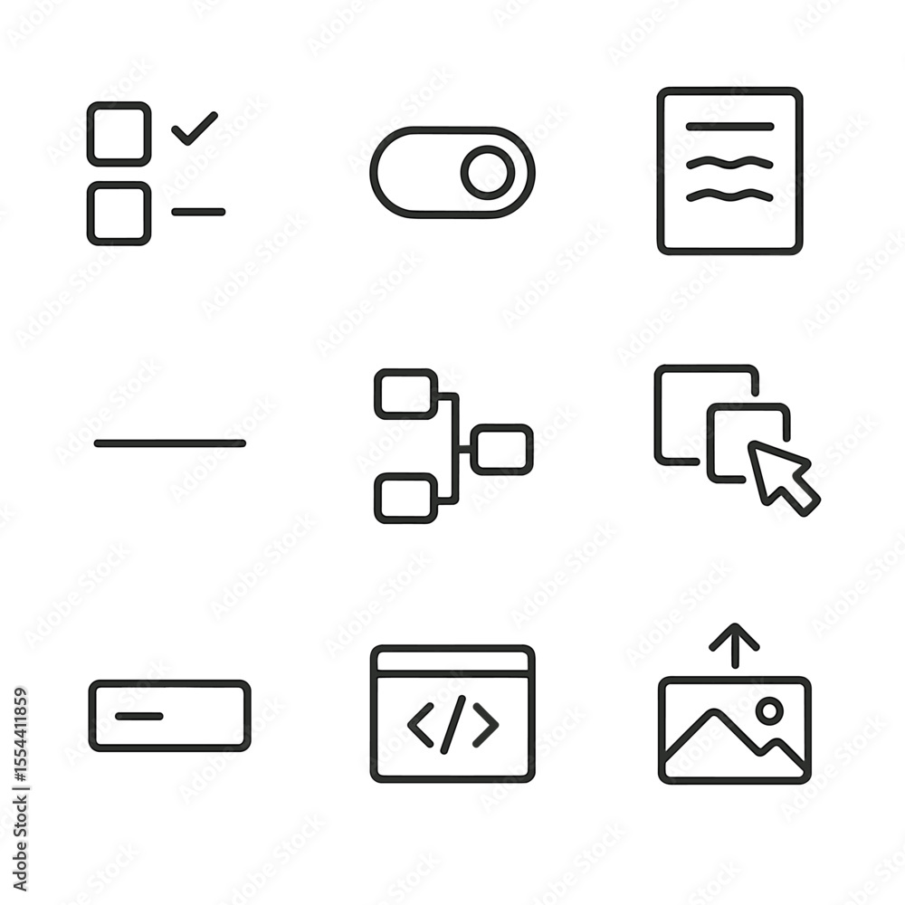 Poster exam question icons. outline icon set of exam question types: multiple choice box, true/false switch