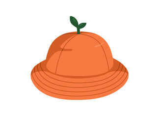 Panama hat, funny kids design. Orange fruit shape with leaf sprout, beach headwear, childish sunhat. Summer sun protection accessory with brim. Flat vector illustration isolated on white background