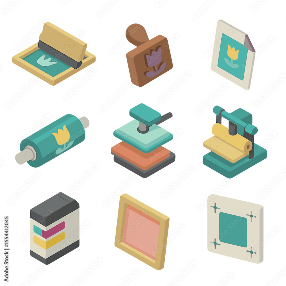 Aufkleber fabric printing methods. isometric flat icon set of fabric printing methods: screen printing frame, 