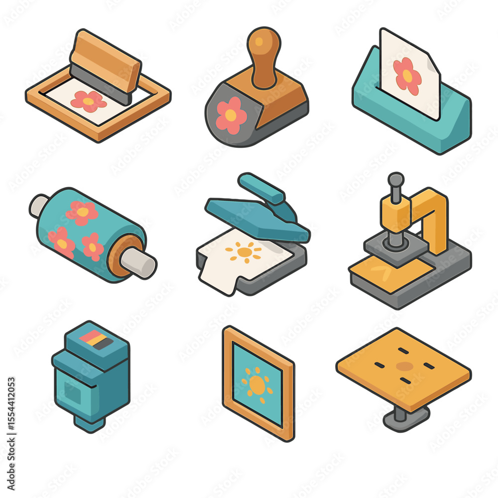 Aufkleber fabric printing methods. isometric flat icon set of fabric printing methods: screen printing frame, 