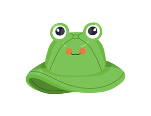 Panama hat with frog design. Cute funny kawaii animal face, eyes on kids sunhat. Summer headwear, beach cap, sun accessory for baby, children. Flat vector illustration isolated on white background