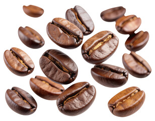 Scattered Coffee Beans Floating Randomly with Depth Effect, isolated on transparent background