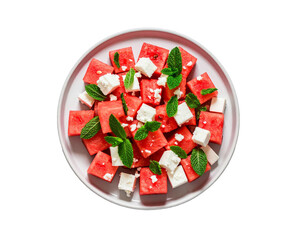 Fresh Watermelon Feta Mint Salad – Top View on White Plate