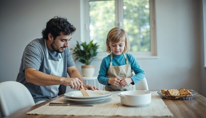 Father and child cooking together in a bright kitchen, engaging in a fun baking activity