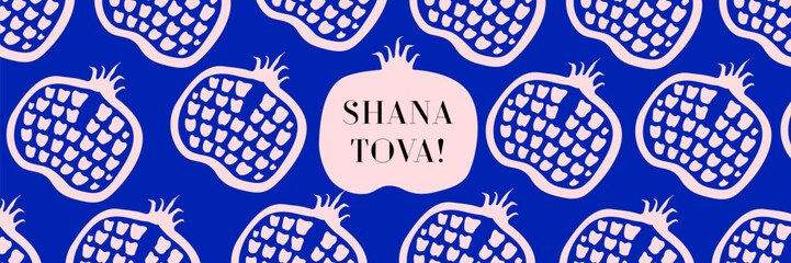 Shana Tova greeting card hand drawn cute stye for Rosh Hashanah holidays, Jewish New Year. Pomegranate, apple, leaves vector