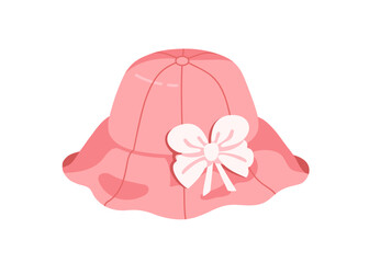 Panama, girls summer hat with ribbon bow. Kids sunhat with sun protection brim. Headwear for baby. Head clothing, accessory for beach and garden. Flat vector illustration isolated on white background