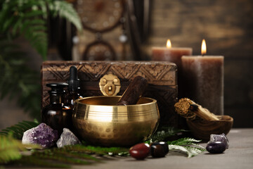 Golden Singing Bowl with Spiritual Tools and Crystals