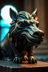 Bronze statue of a mythical boar with intricate details and expressive features