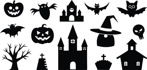 Spooky Halloween border of cute cartoon trick-or-treat silhouettes. Halloween icon set, Black and white halloween vector silhouette set 