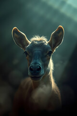 Serene portrait of a young deer illuminated by soft light in a misty atmosphere
