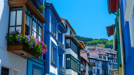 Illustration of blue buildings in the city of San Sebastián. Illustration of popular places in the world.
