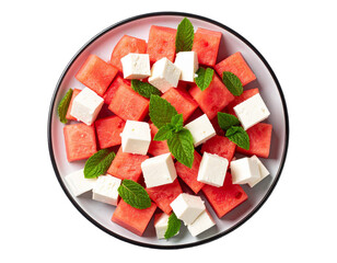 Fresh Watermelon Feta Mint Salad – Top View on White Plate