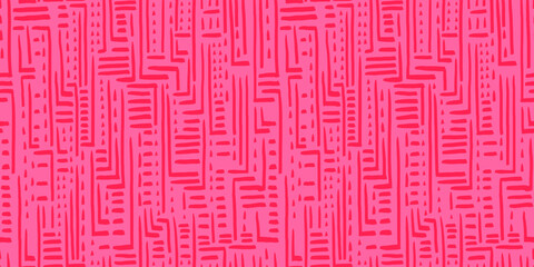 Seamless vector pattern with hand drawn abstract geometric lines and shapes in red and pink tones. Template for backgrounds, packaging, textiles, home decor, and ethnic inspired designs