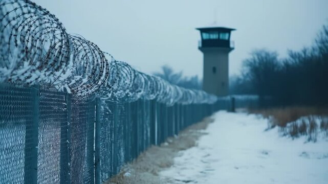 Winter scene of a prison perimeter with barbed wire fence and a guard tower, cold weather, security, and a somber atmosphere.