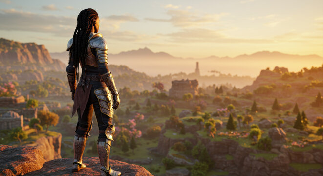Fototapeta Person in armor looking at landscape