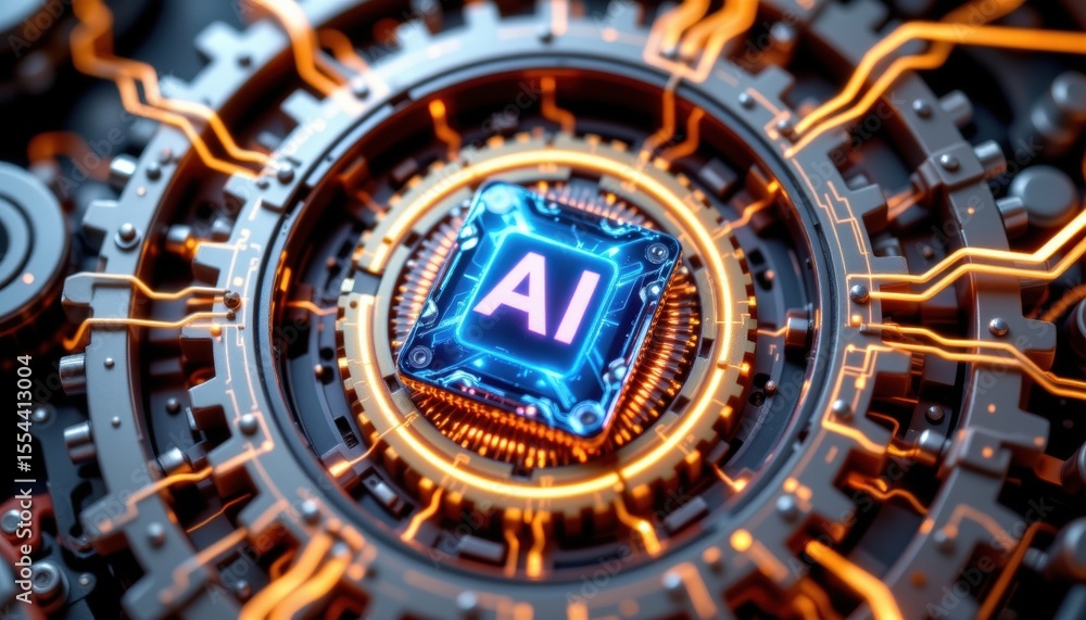 Poster detailed view of a glowing ai integrated circuit, with intricate circuits and digital design