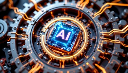 Obraz premium Detailed view of a glowing AI integrated circuit, with intricate circuits and digital design